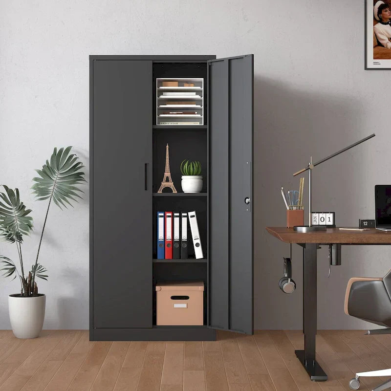 Heavy-Duty Metal Storage Cabinet with Locking Doors – 71" Tall Garage Organizer with Adjustable Shelves (Black)