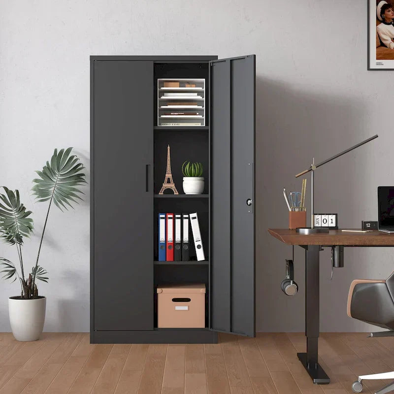 Heavy-Duty Metal Storage Cabinet with Locking Doors – 71" Tall Garage Organizer with Adjustable Shelves (Black)