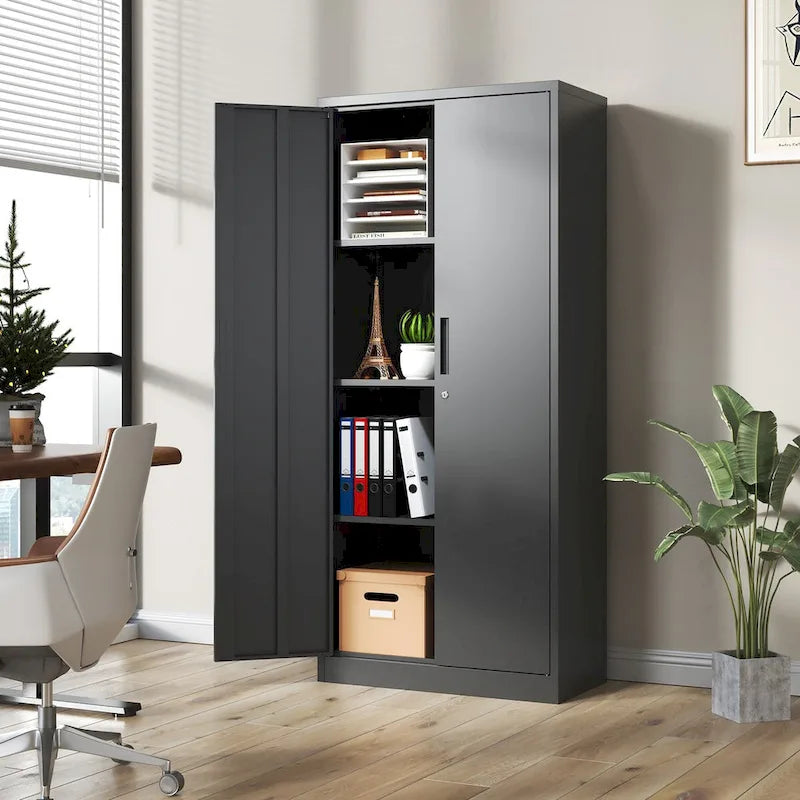 Heavy-Duty Metal Storage Cabinet with Locking Doors – 71" Tall Garage Organizer with Adjustable Shelves (Black)