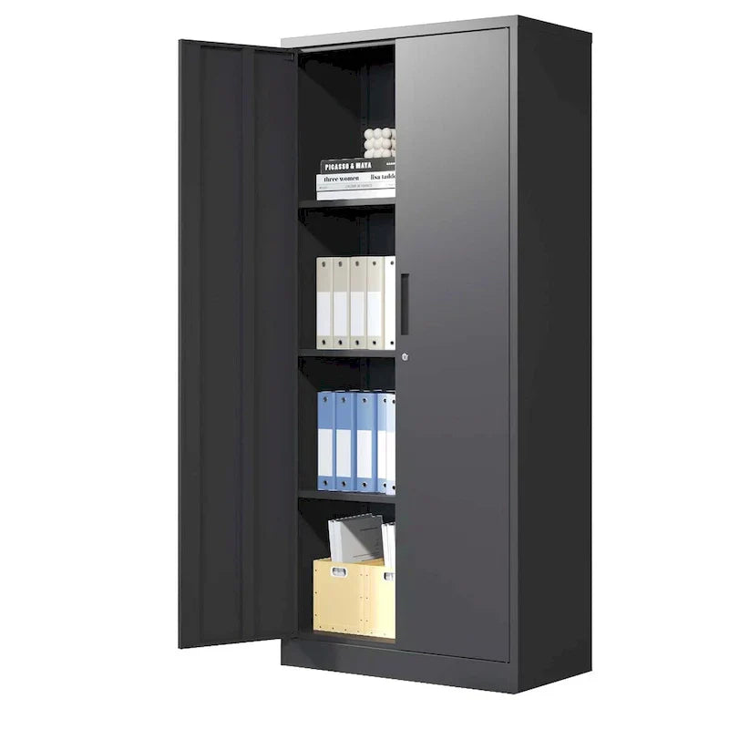 Heavy-Duty Metal Storage Cabinet with Locking Doors – 71" Tall Garage Organizer with Adjustable Shelves (Black)