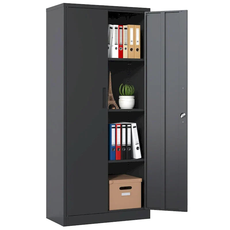 Heavy-Duty Metal Storage Cabinet with Locking Doors – 71" Tall Garage Organizer with Adjustable Shelves (Black)
