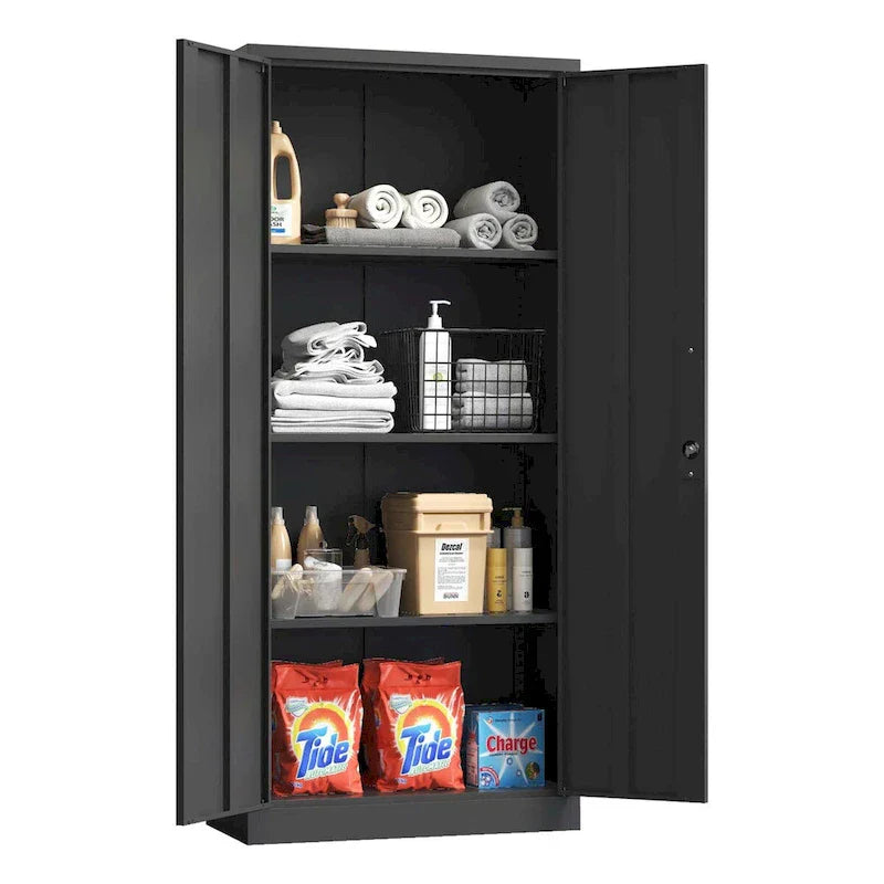 Heavy-Duty Metal Storage Cabinet with Locking Doors – 71" Tall Garage Organizer with Adjustable Shelves (Black)